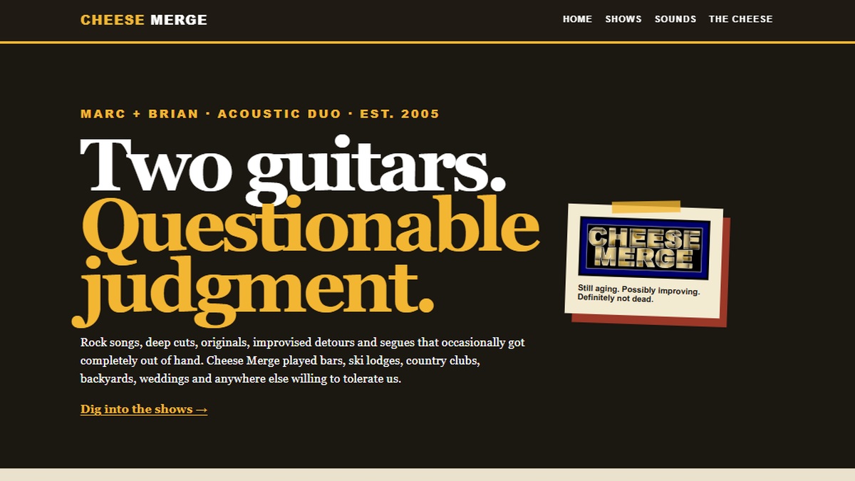Cheese Merge homepage showing the Two guitars. Questionable judgment. hero
